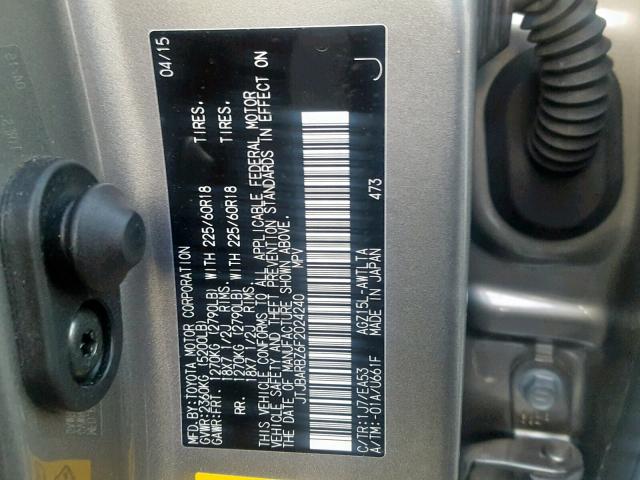 JTJBARBZ6F2024240 - 2015 LEXUS NX 200T GRAY photo 10