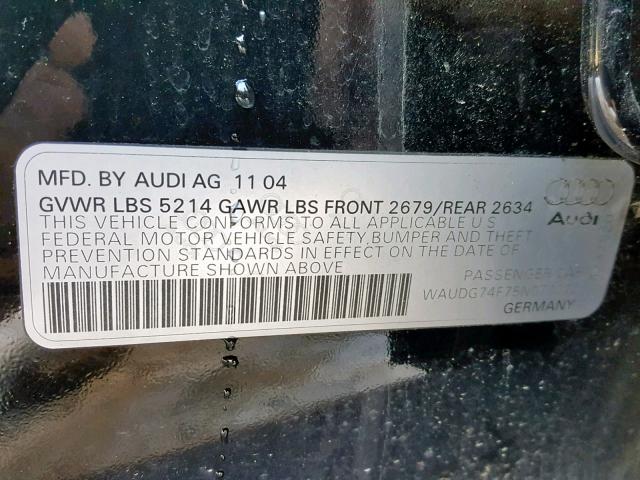 WAUDG74F75N071272 - 2005 AUDI A6 3.2 QUA BLACK photo 10