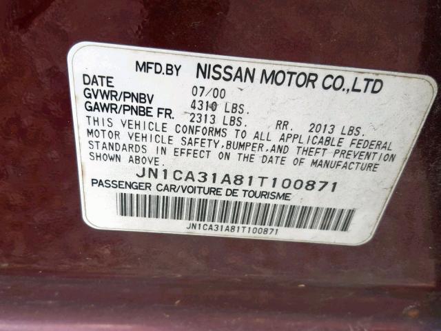 JN1CA31A81T100871 - 2001 NISSAN MAXIMA GXE MAROON photo 10