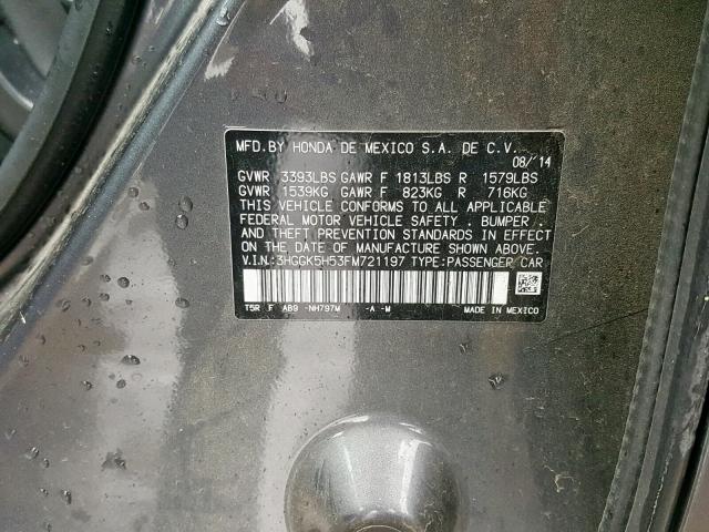 3HGGK5H53FM721197 - 2015 HONDA FIT LX CHARCOAL photo 10