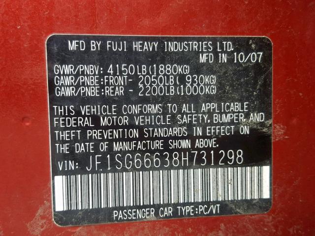 JF1SG66638H731298 - 2008 SUBARU FORESTER S RED photo 10