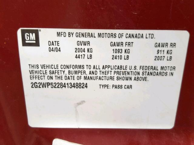 2G2WP522841348824 - 2004 PONTIAC GRAND PRIX MAROON photo 10