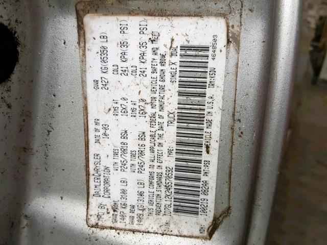 1D7GL12K24S570592 - 2004 DODGE DAKOTA SXT SILVER photo 10