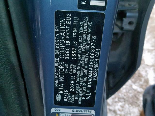 KNADM4A38G6689778 - 2016 KIA RIO LX BLUE photo 10