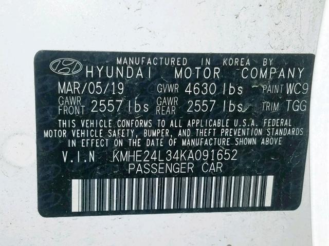 KMHE24L34KA091652 - 2019 HYUNDAI SONATA HYB WHITE photo 10