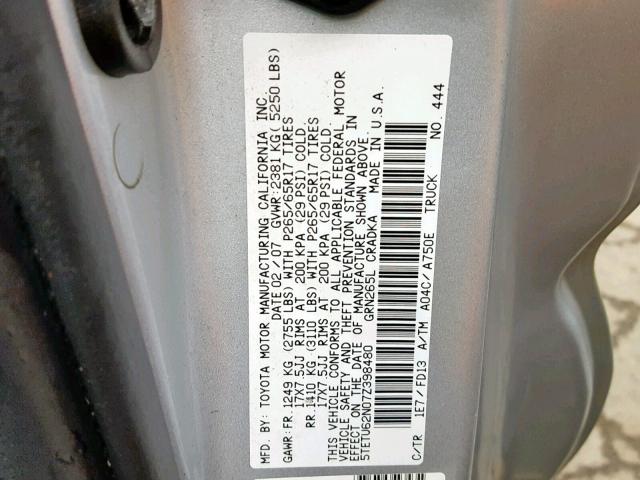 5TETU62N07Z398480 - 2007 TOYOTA TACOMA PRE SILVER photo 10