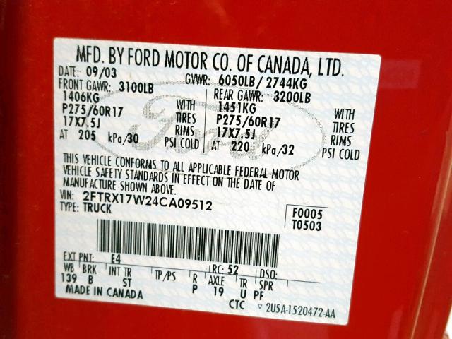 2FTRX17W24CA09512 - 2004 FORD F-150 HERI RED photo 10