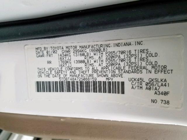 5TDBT48A72S088159 - 2002 TOYOTA SEQUOIA LI WHITE photo 10