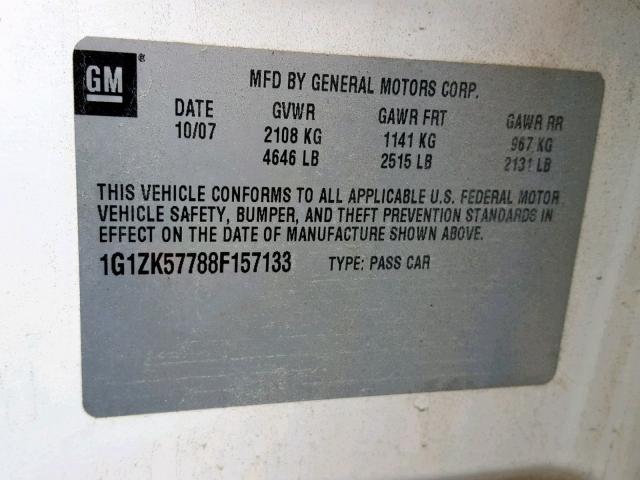 1G1ZK57788F157133 - 2008 CHEVROLET MALIBU LTZ WHITE photo 10