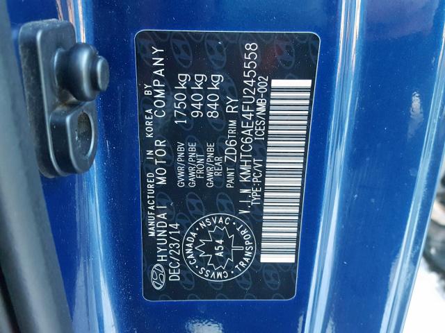 KMHTC6AE4FU245558 - 2015 HYUNDAI VELOSTER T BLUE photo 10