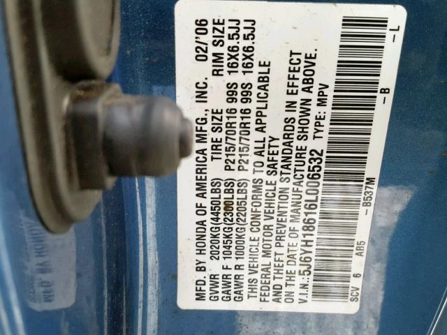 5J6YH18616L006532 - 2006 HONDA ELEMENT EX BLUE photo 10