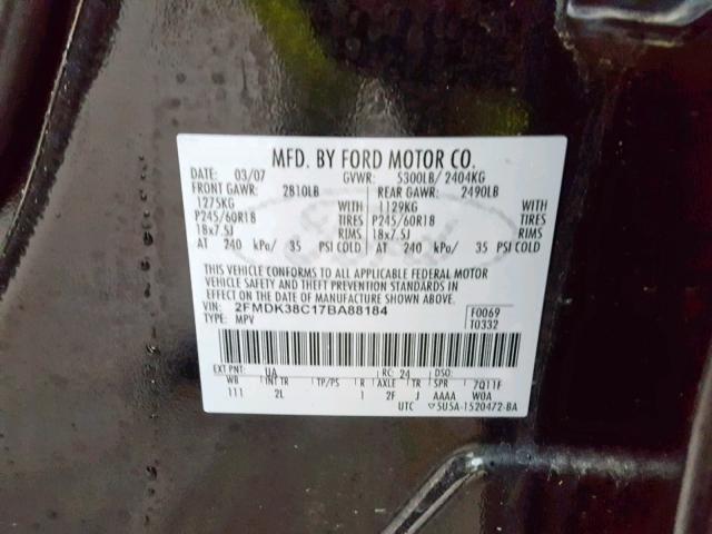 2FMDK38C17BA88184 - 2007 FORD EDGE SEL BLACK photo 10