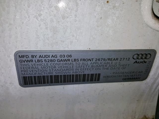 WAUDH74F16N167171 - 2006 AUDI A6 3.2 QUA WHITE photo 10