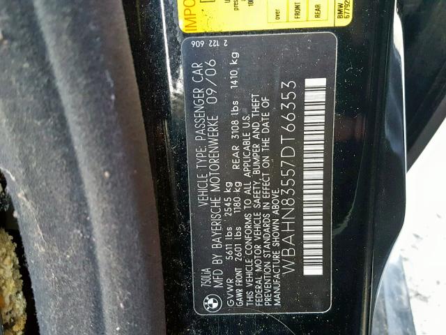 WBAHN83557DT66353 - 2007 BMW 750 BLACK photo 10