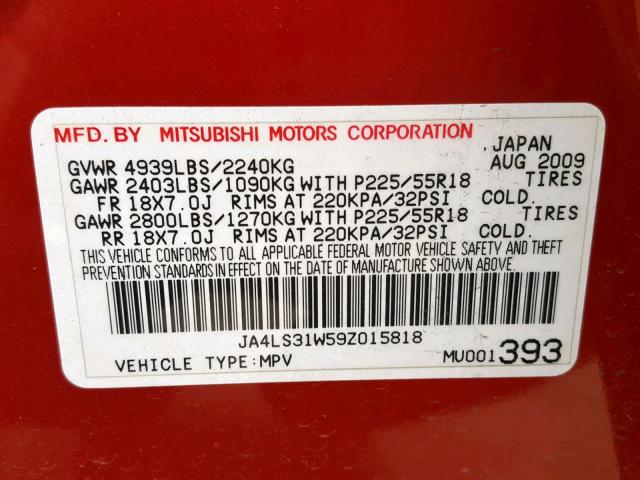 JA4LS31W59Z015818 - 2009 MITSUBISHI OUTLANDER BURGUNDY photo 10