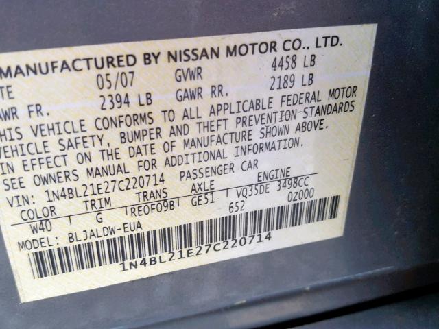 1N4BL21E27C220714 - 2007 NISSAN ALTIMA 3.5 GRAY photo 10