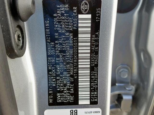 4T1BZ1FB0KU005011 - 2019 TOYOTA AVALON XLE SILVER photo 10