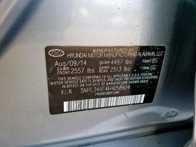 5NPE34AF4FH058924 - 2015 HYUNDAI SONATA SPO GRAY photo 10