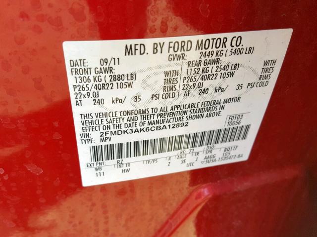 2FMDK3AK6CBA12892 - 2012 FORD EDGE SPORT RED photo 10