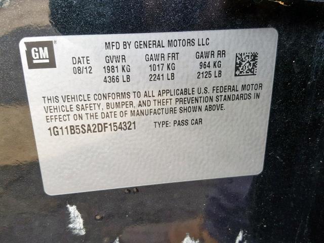 1G11B5SA2DF154321 - 2013 CHEVROLET MALIBU LS 黑色 照片 10