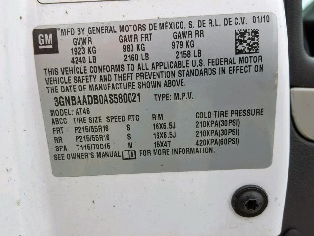 3GNBAADB0AS580021 - 2010 CHEVROLET HHR LS Beyaz fotoğraf 10