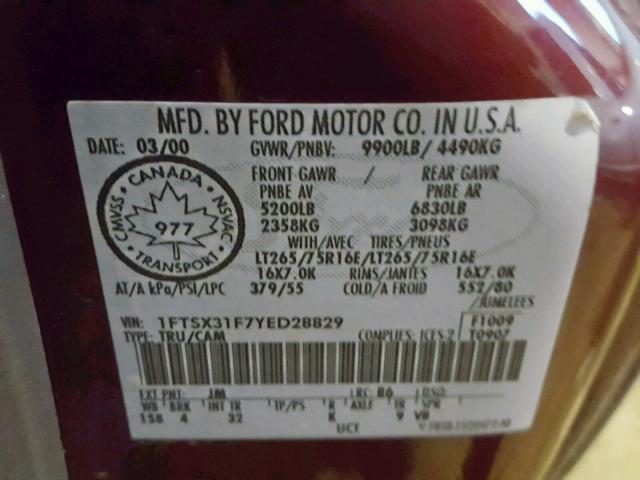 1FTSX31F7YED28829 - 2000 FORD F350 SRW S RED photo 10