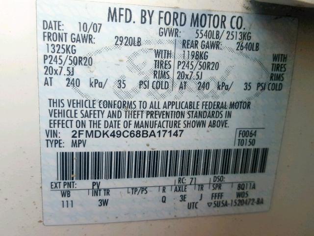 2FMDK49C68BA17147 - 2008 FORD EDGE LIMIT WHITE photo 10