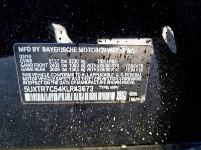 5UXTR7C54KLR43673 - 2019 BMW X3 SDRIVE3 BLACK photo 10