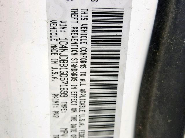 1C4NJDBB1GD571699 - 2016 JEEP COMPASS SP 白色 照片 10