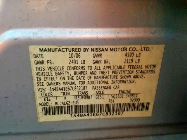 1N4BA41E67C832187 - 2007 NISSAN MAXIMA SE GRAY photo 10