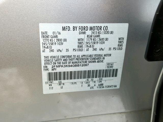 2FMPK3K94GBB12097 - 2016 FORD EDGE TITAN SILVER photo 10