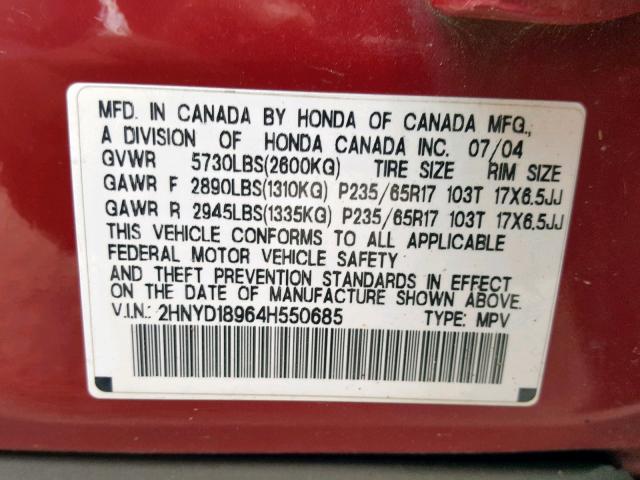 2HNYD18964H550685 - 2004 ACURA MDX TOURIN RED photo 10