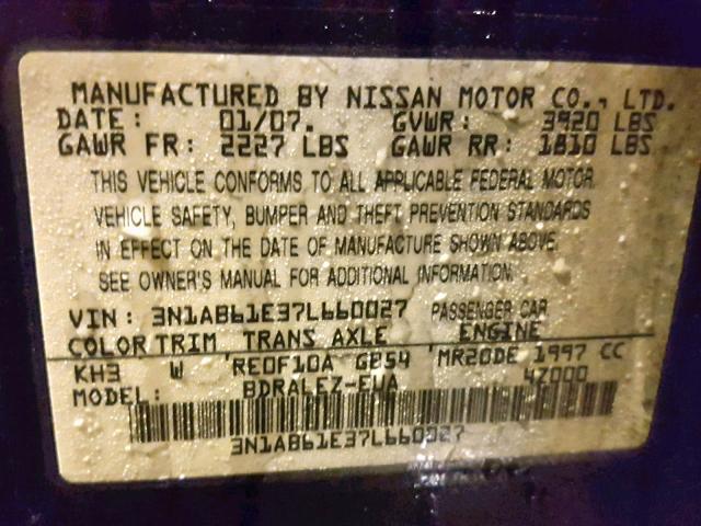 3N1AB61E37L660027 - 2007 NISSAN SENTRA 2.0 BLACK photo 10