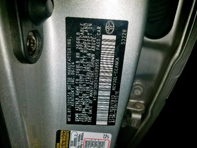 4T1BF30K04U589958 - 2004 TOYOTA CAMRY LE SILVER photo 10