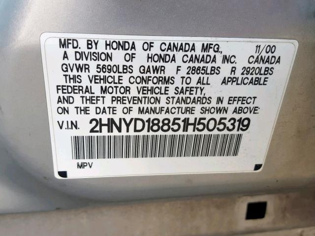 2HNYD18851H505319 - 2001 ACURA MDX TOURIN GRAY photo 10