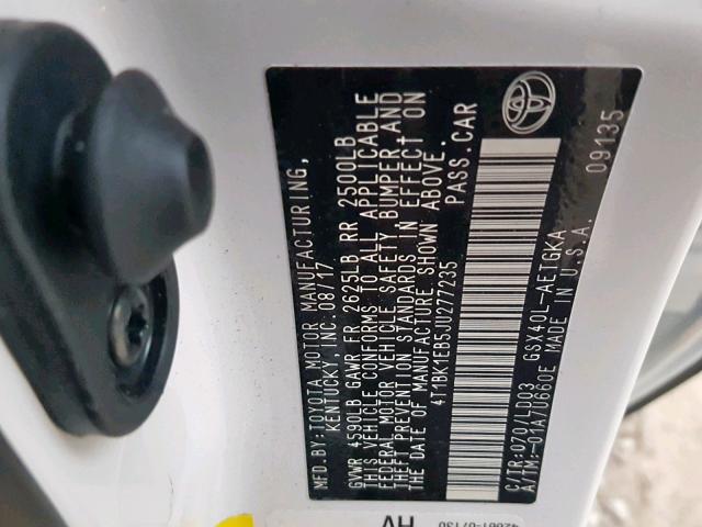 4T1BK1EB5JU277235 - 2018 TOYOTA AVALON XLE WHITE photo 10