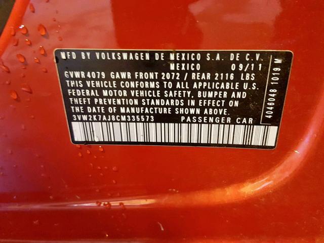 3VW2K7AJ8CM335573 - 2012 VOLKSWAGEN JETTA BASE 红色 照片 10