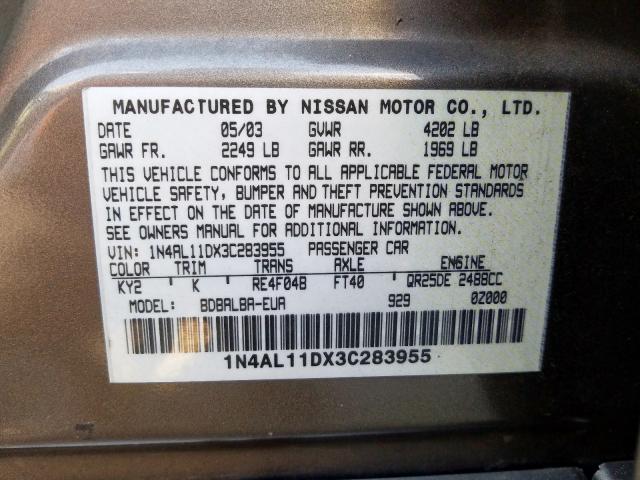 1N4AL11DX3C283955 - 2003 NISSAN ALTIMA BASE  photo 10