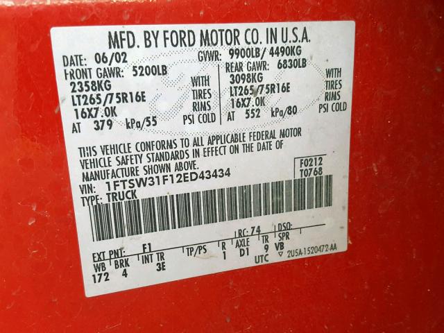 1FTSW31F12ED43434 - 2002 FORD F350 SRW S RED photo 10