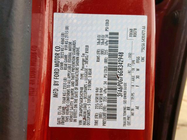 3FA6P0G76GR342948 - 2016 FORD FUSION S RED photo 10