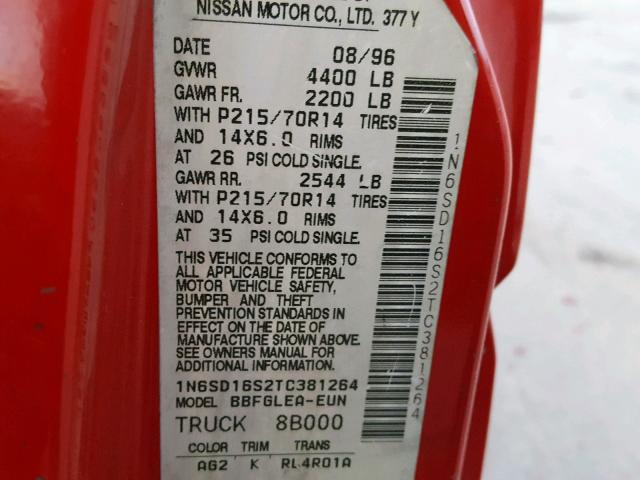 1N6SD16S2TC381264 - 1996 NISSAN TRUCK KING RED photo 10