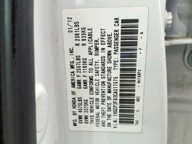 1HGCP3F83CA017575 - 2012 HONDA ACCORD EXL WHITE photo 10