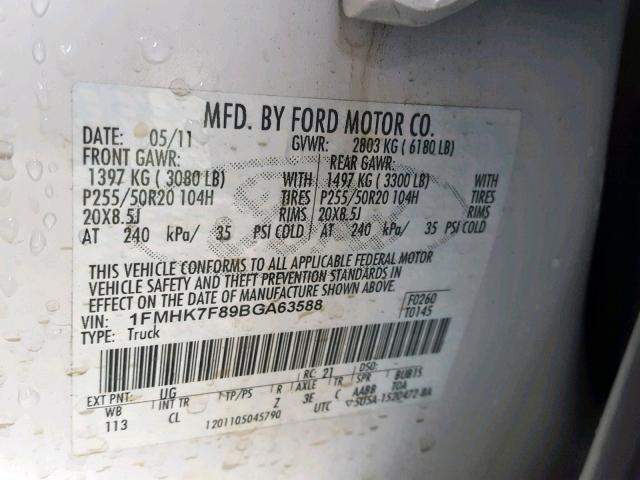 1FMHK7F89BGA63588 - 2011 FORD EXPLORER L WHITE photo 10