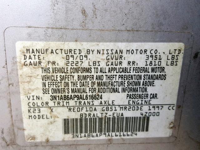 3N1AB6AP9AL616624 - 2010 NISSAN SENTRA 2.0 SILVER photo 10