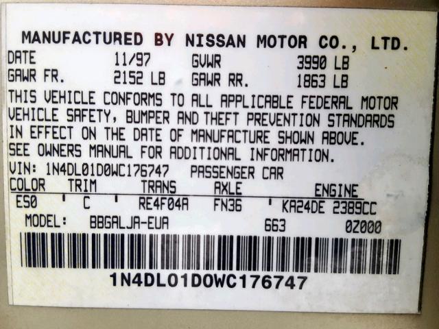 1N4DL01D0WC176747 - 1998 NISSAN ALTIMA XE TAN photo 10