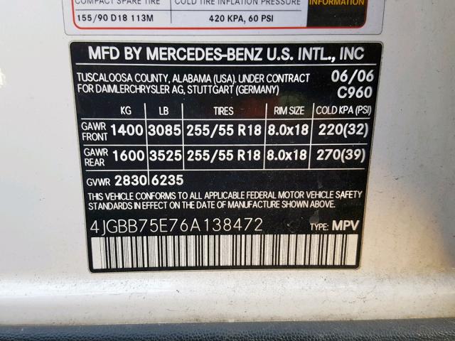 4JGBB75E76A138472 - 2006 MERCEDES-BENZ ML 500 WHITE photo 10