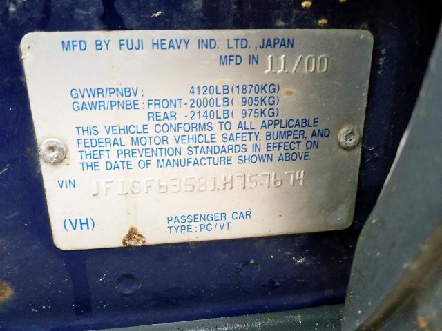 JF1SF63581H757674 - 2001 SUBARU FORESTER L BLUE photo 10