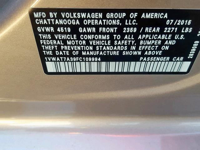 1VWAT7A39FC109994 - 2015 VOLKSWAGEN PASSAT S BEIGE photo 10