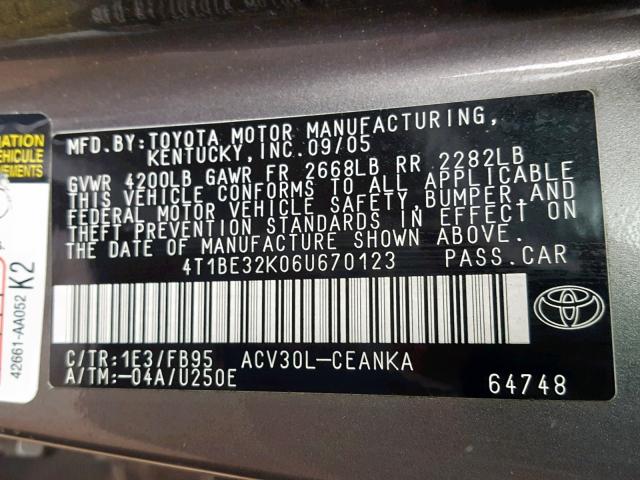 4T1BE32K06U670123 - 2006 TOYOTA CAMRY LE GRAY photo 10