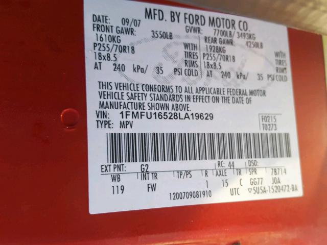1FMFU16528LA19629 - 2008 FORD EXPEDITION RED photo 10